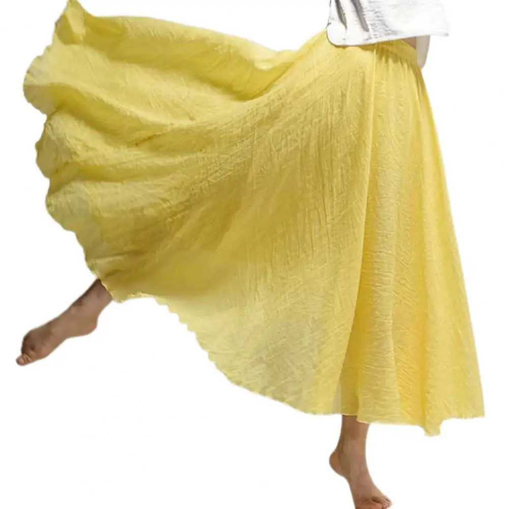 

Elegant Women Maxi Skirt Elastic Waist Cotton Linen Long Skirt Ethnic Style Large Flowy Hem A-Line Skirt Streetwear