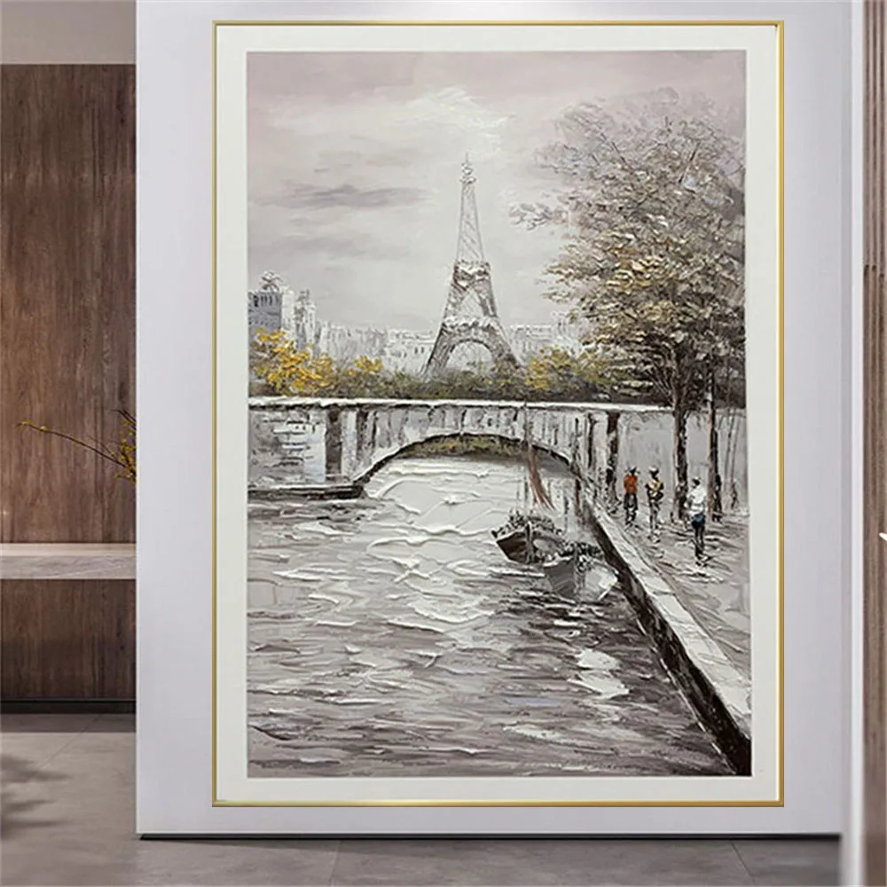 

100%Handmade Paintings Decor Living Room The Seine River Landscape Wall Painting Paris Tower Bridge Art Pictures Canvas Artworks