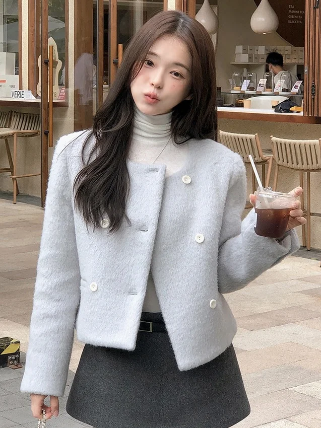 

Ele Double-Breasted ort Woolen Coat for Women Chic Trendy Commute Sle Thiened Long Sve round Ne Pure Color