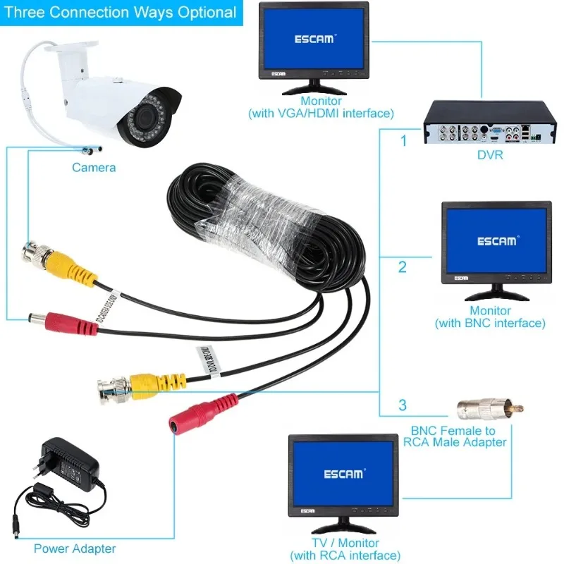 ESCAM 10~60M CCTV DVR Camera Recorder system Video Cable DC Power Security Surveillance BNC Cable