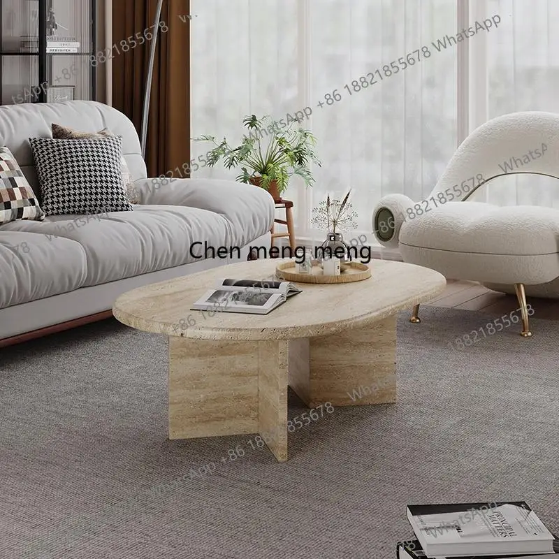 

Travertine coffee table modern simple small apartment living room household oval retro luxury stone small tea table