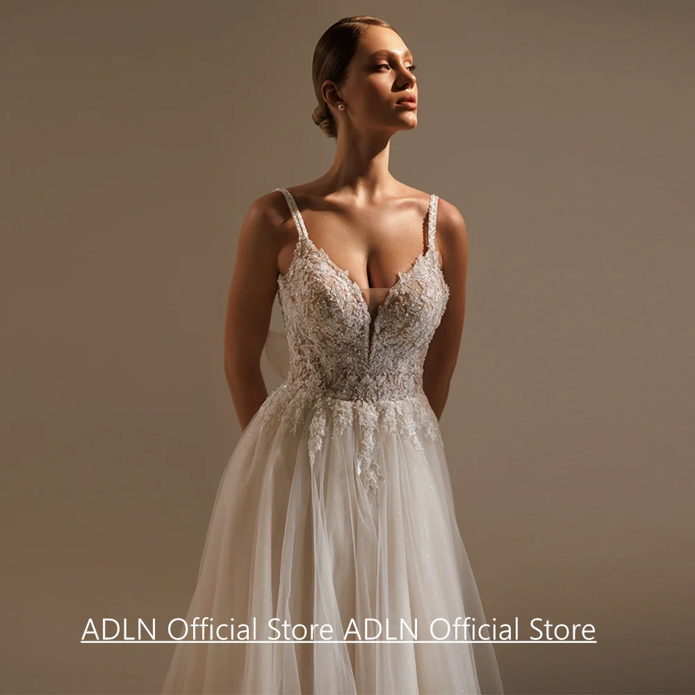 Sexy Zachte Tule Trouwjurk Aangepaste Spaghettibandjes V-hals Kralen Applique Een Lijn Backless Bruidsjurk Robe De Mariee