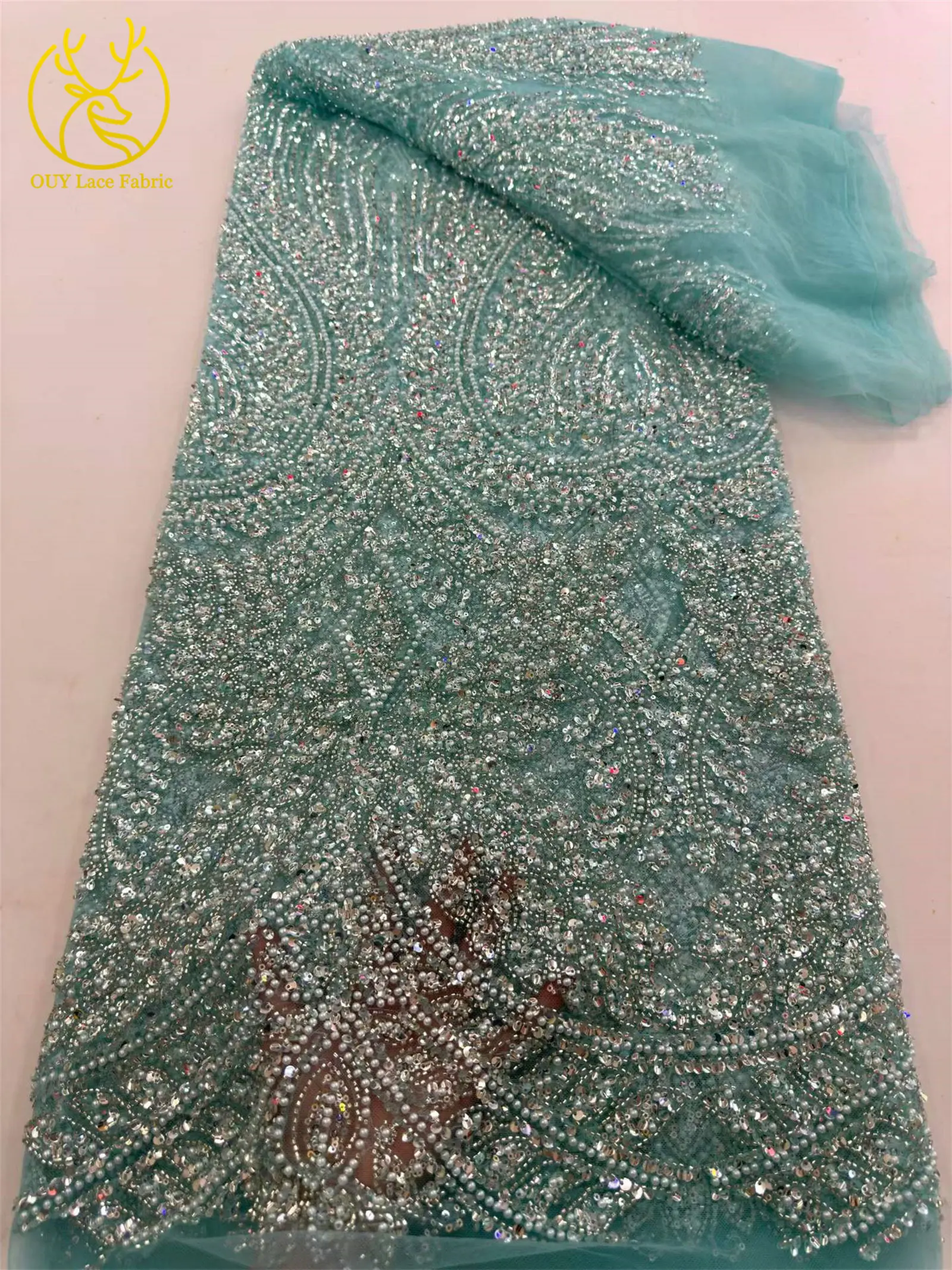Afrikanischer Brautkleid-Spitzenstoff 2026, französische Pailletten-Spitze, 5 Yards, nigerianische Stickerei, Hochzeits-Mesh-Spitze für Partykleider und Näharbeiten – Detail 8