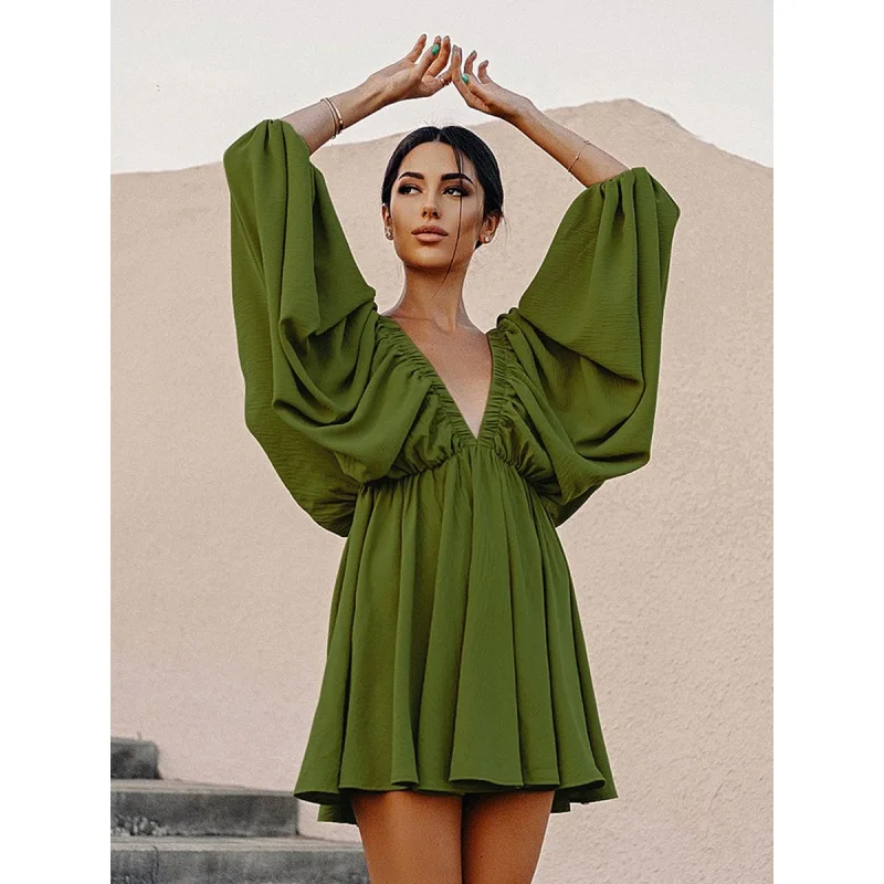 

Sexy Backless Lantern Sleeve Dress Women's Spring Loose Green Deep V-neck High Waist A- line Dress Women's Fengsb