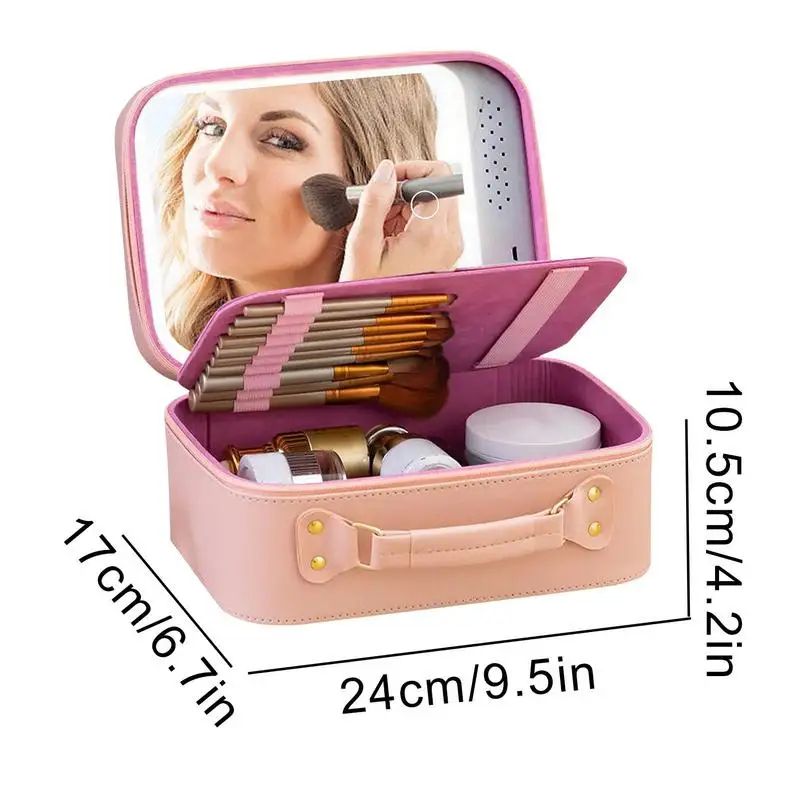 Travel Makeup Bag With Mirror Large-Capacity Waterproof Cosmetics Bag With LED Light Makeup Case Waterproof PU Leather Divided