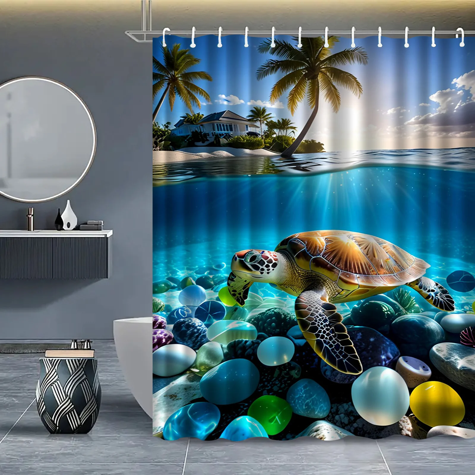 Sea Turtle Shower Curtain, Underwater Ocean View, Tropical Beach & Palm Tree Print, Waterproof Polyester Fabric Bathroom Decor