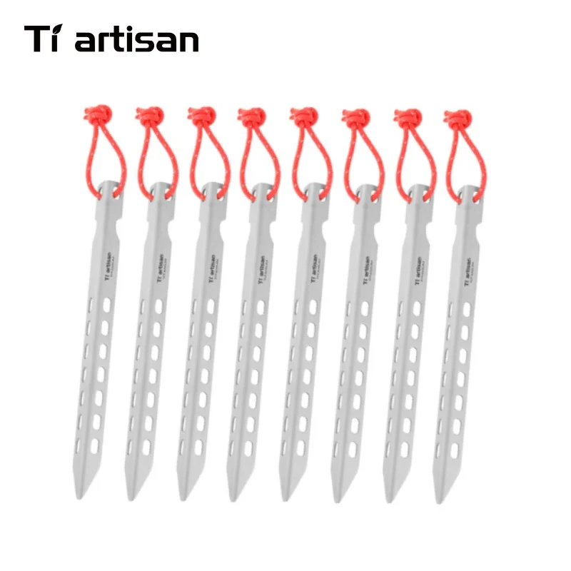 Tiartisan 6pcs/ 8pcs Titanium Hollow Design V-shaped Pegs Nail with Rope Outdoor Camping Portable Tent Pegs