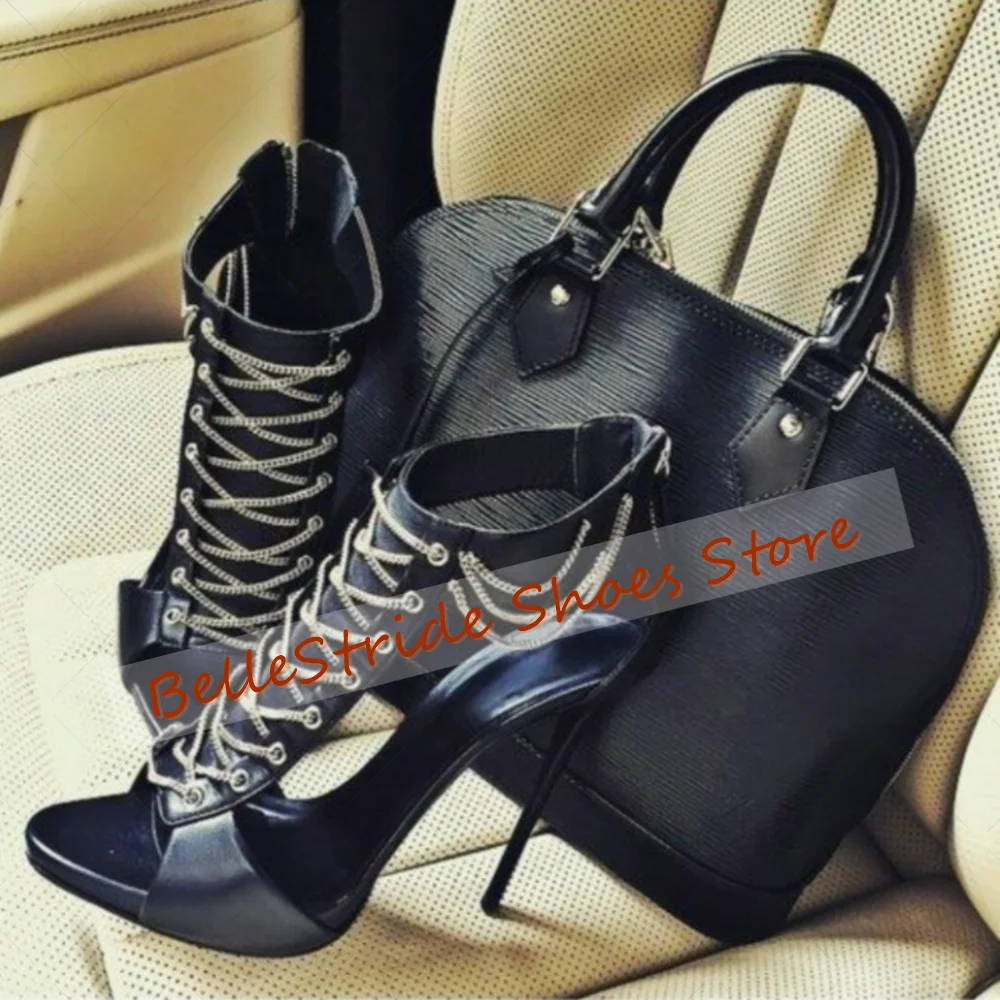 

Black Chain Decor Back Zipper Sandals Open Toe Women Shoes Stilettos High Heels Party Banquet Dating 2025 Zapatos Para Mujere
