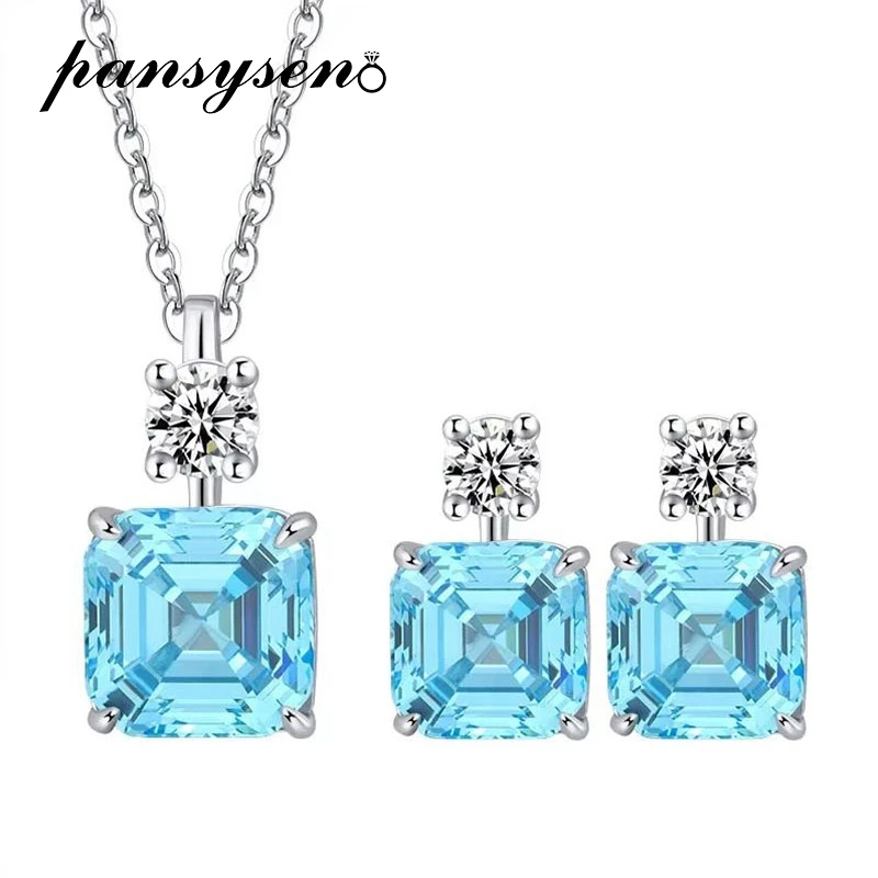 

PANSYSEN Top Quality 925 Sterling Silver 8/MM Asscher Cut Citrine Aquamarine Necklace Earrings Jewelry Set for Women Party Gift