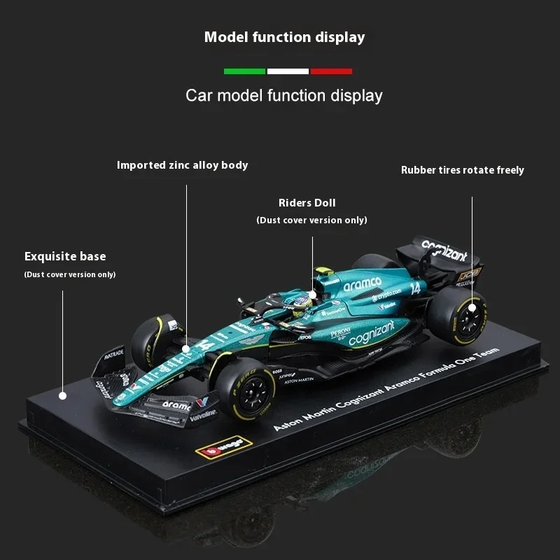 2024 Neues Bburago 1/43 Aston Martin Aramco F1 Team AMR23 2023 Automodell # 14 Alonso # 18-teilige Staubschutzhülle aus Legierung für die Automodelle aus Druckguss