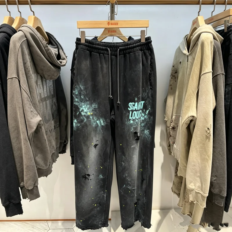 Splashed Ink Solied SSSAINT LOUIS Hole Damaged Casual Sweatpants Men Women Washed Do Old Loose Straight Pants Jogger Trousers