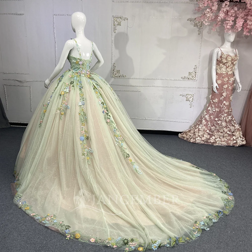 Wykwintne Zielone Sukienki Quinceanera 2025 Błyszcząca Koronka Cienkie Ramiączka Księżniczka Sukienka Urodzinowa Vestido De 15 Anos Szyte na Miarę