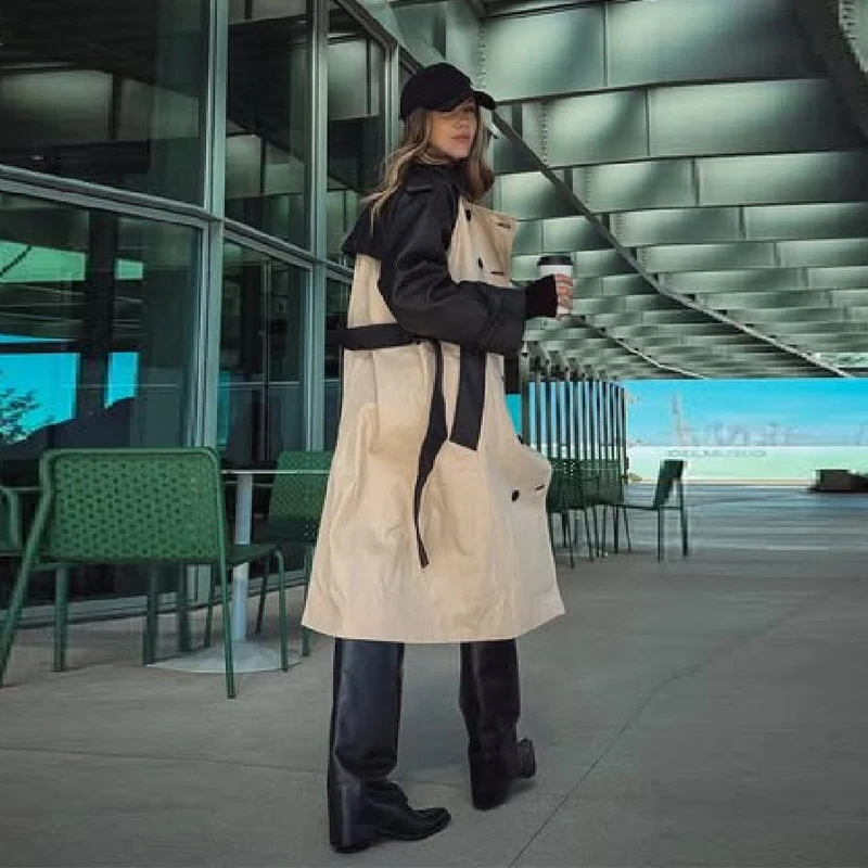 Trench coat feminino retalhos couro do plutônio lapela gola solta cintura longo blusão 2025 outono streetwear feminino outwear