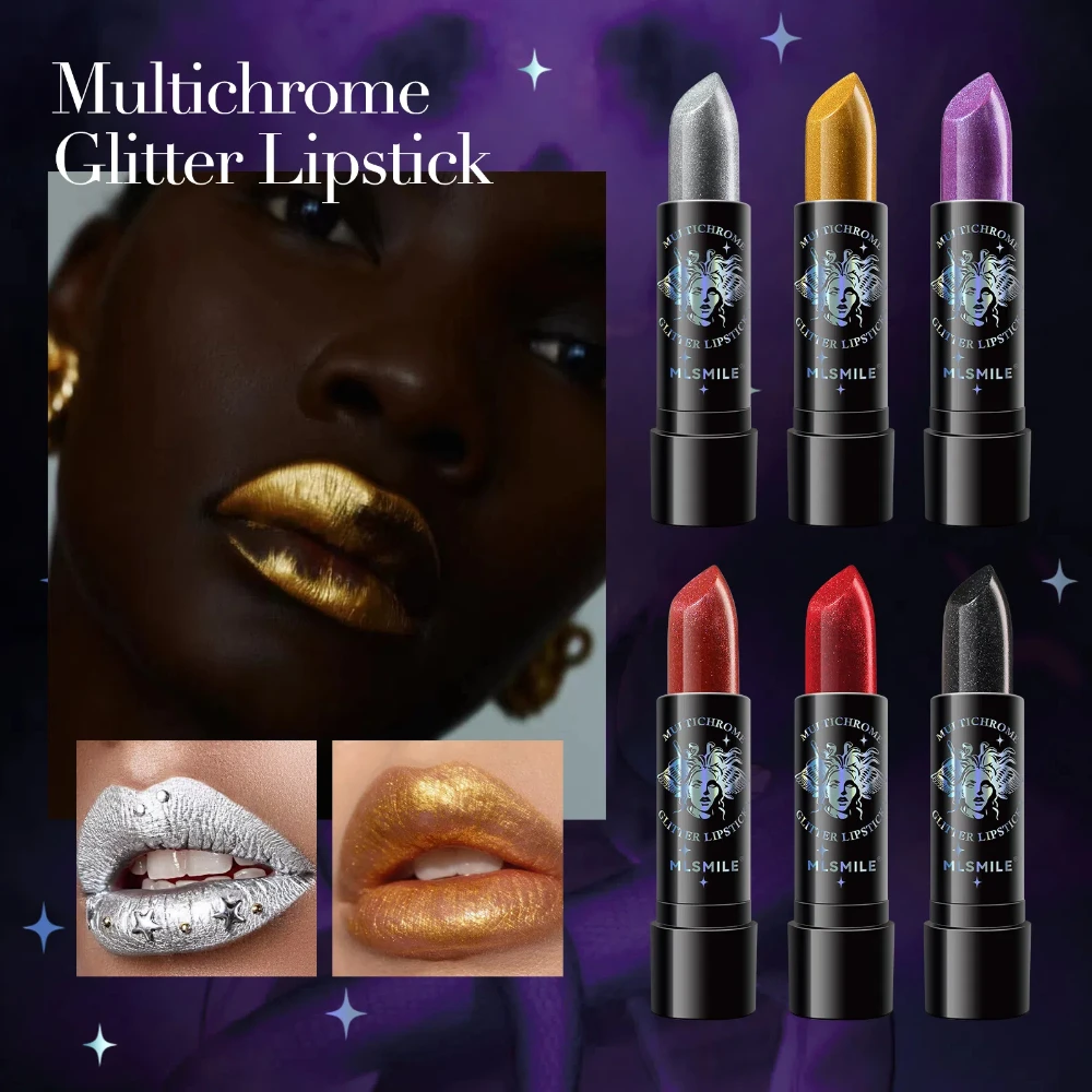 6 Colors Glitter Lipstick Waterproof Long Lasting Diamond Pearlescent Lipstick Black Lip Gloss Women Lips Makeup Cosmetic