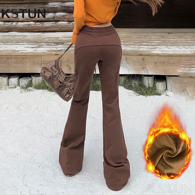 KSTUN Women Fleece Flared Pants Casual Slim Fit Warm Thick Elastic Waist Female Joggings Boot Cut Sportswear Women's Yoga Pants