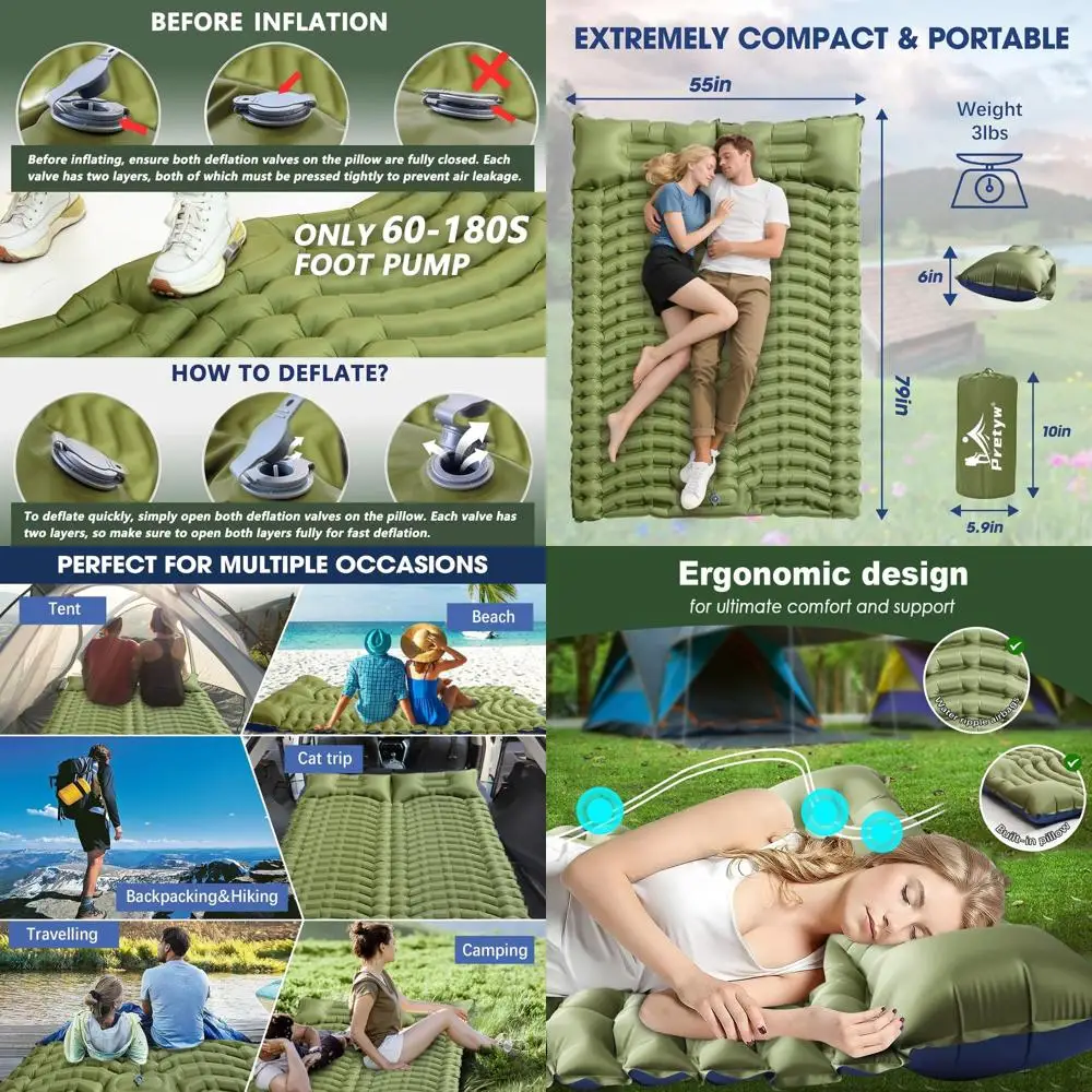 مرتبة تخييم قابلة للنفخ لشخصين خفيفة الوزن مع وسادة ومضخة قدم وتصميم مدمج لحقائب الظهر والمشي لمسافات طويلة والسفر والمنارة #1