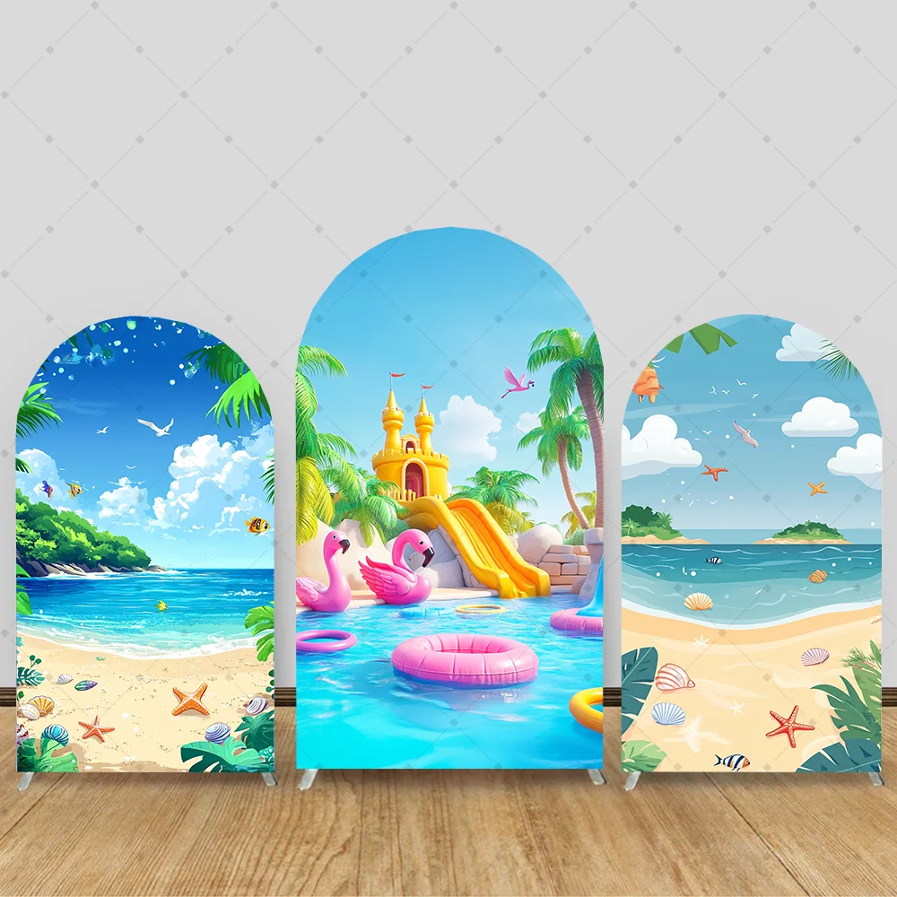 

Summer Party Arch Backdrop Cover Arch Backdrop Indoor Castle Slide And Hawaiian Beach Party Decoration Photography Backdrop