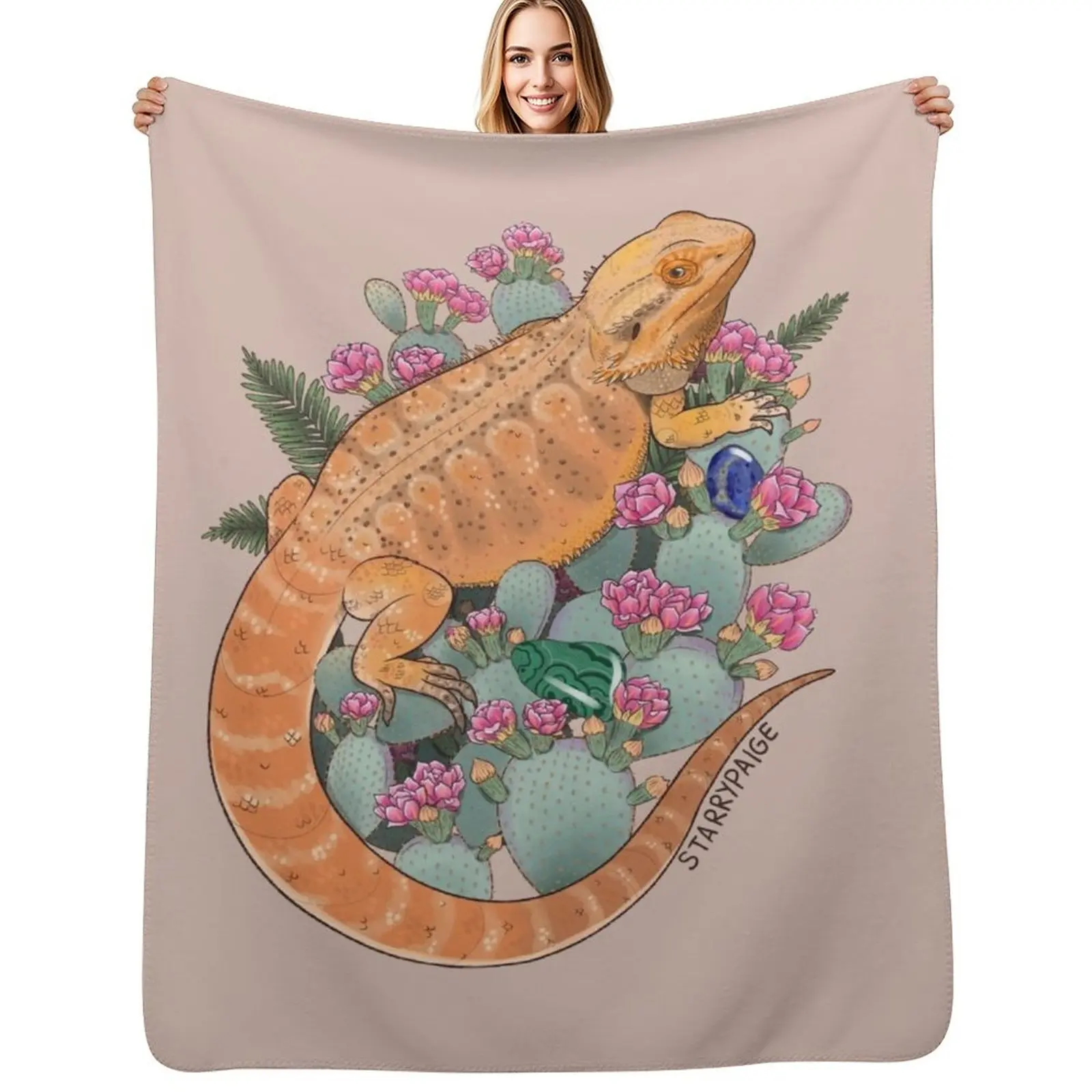 Manta con diseño de dragón barbudo, cactus opuntia en flor y helechos de Boston con cristales, mantas para camas de bebé de invierno