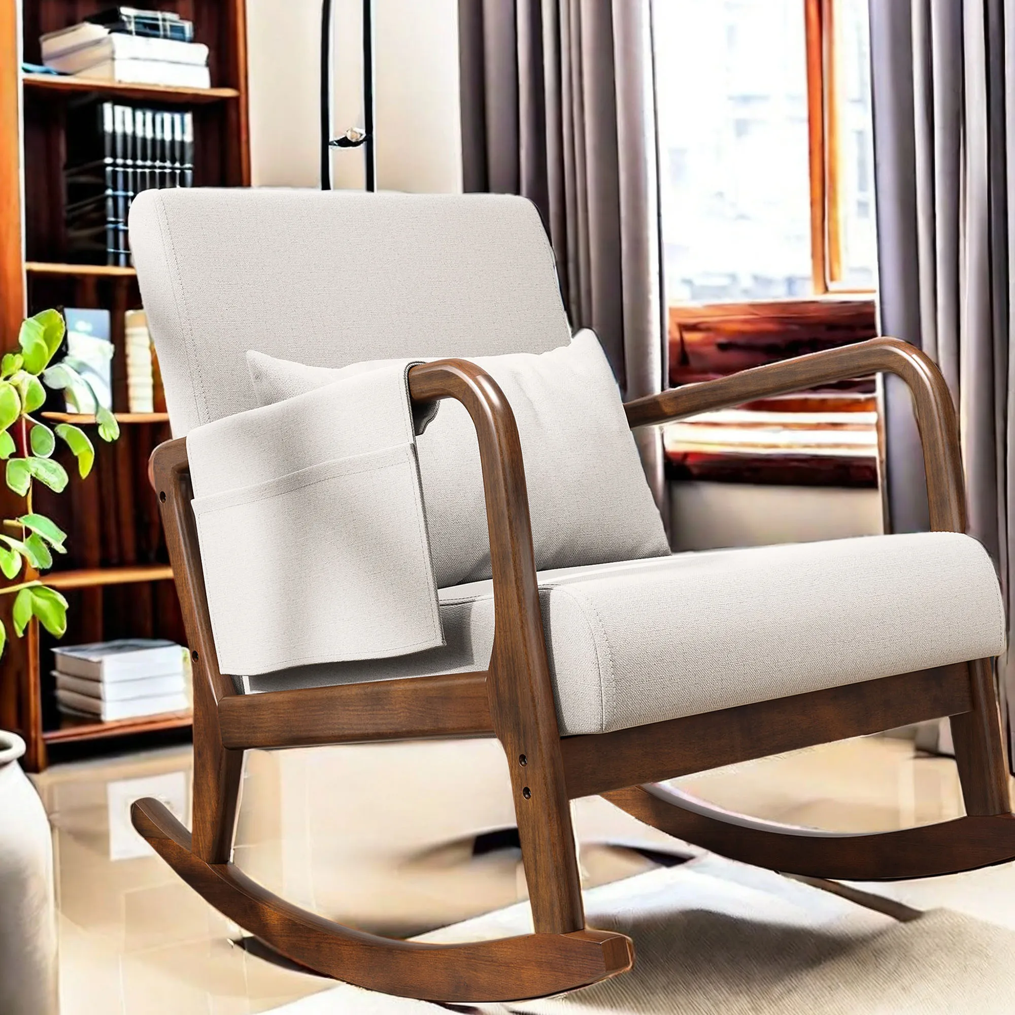 Rocking Chair, Nursing Chair, Relaxing Chair with Solid Wood Base, Linen, 1 Side Pocket, 1 Lumbar Cushion, Walnut Brown + Beige