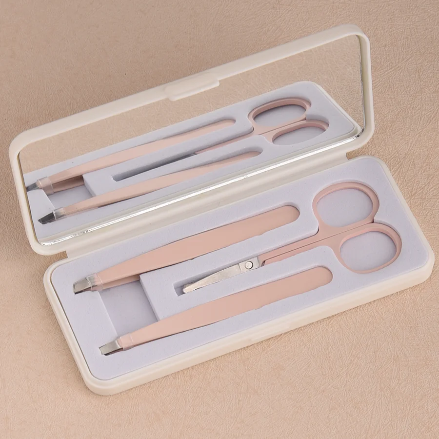 مجموعة ملاقط ومقصات من الفولاذ المقاوم للصدأ مع مرآة ، تشذيب الجمال ، قص الشعر ، الحاجب ، اللحية ، الأنف ، أسلوب الشعر ، 3 روض