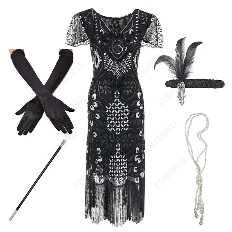 Plus Size 1920s Flapper Roaring 20s Great Gatsby Fringed Sequin Beaded Dress and Embellished Art Deco Dress Accessories Vestidos