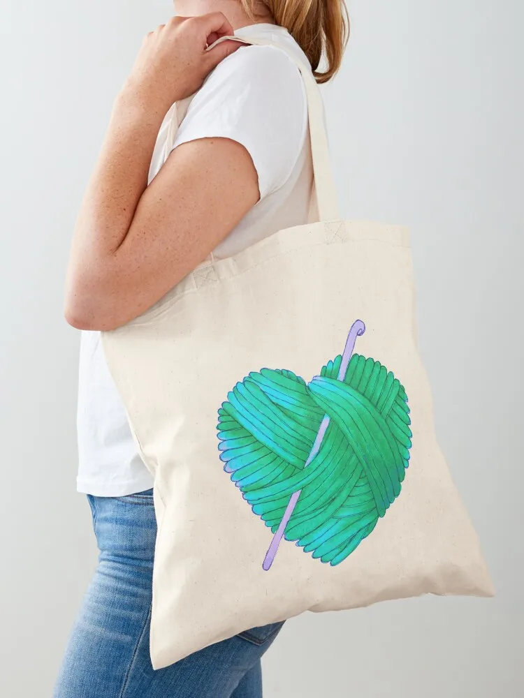 Cute Heart Ball of Yarn and Crochet Hook in Teal Green Blue Tote Bag canvas tote bag tote bags men Reusable bags