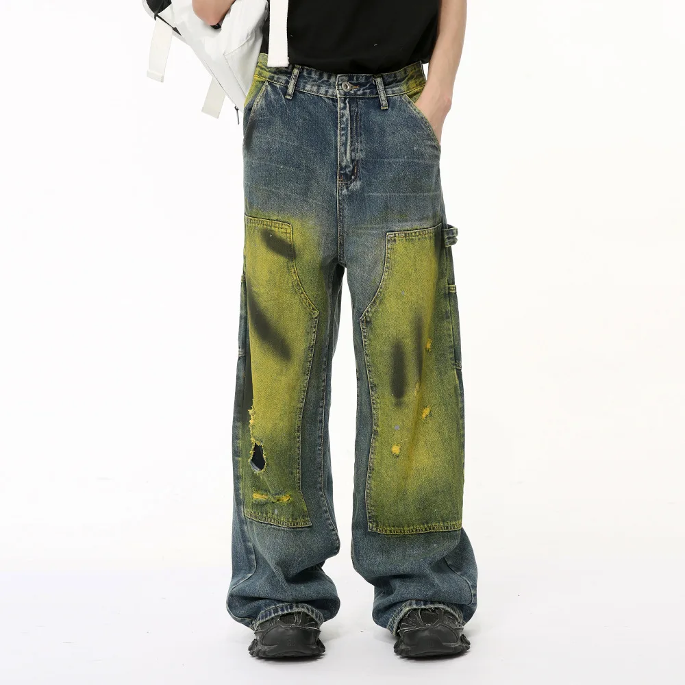 

Men's Wear 2024 Summer American Style High Street Vintage Washed Tie Dye Jeans Trend Loose Hole Design Denim Pants