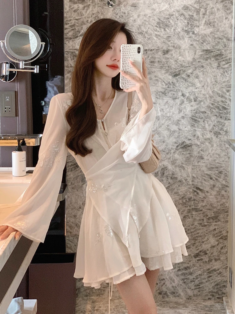 Summer Casual New 3 Piece Set Women Sweet Solid Elegant Skirt Suit Female Loose Cardigan + White Vest + Slim Mini Skirt Set 2024