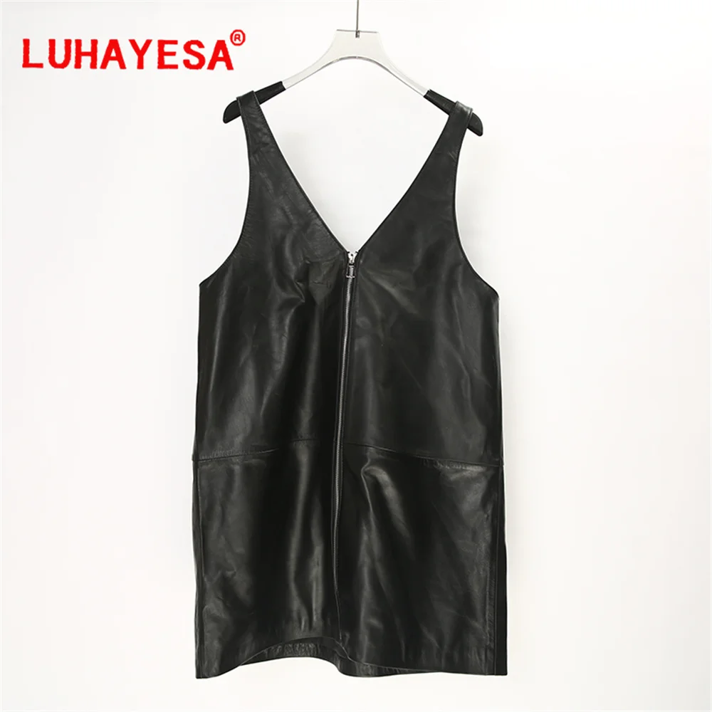 2024 A Line Genuine Sheepskin Leather Dress Luhayesa Autumn Spring Black Leather Outerwear