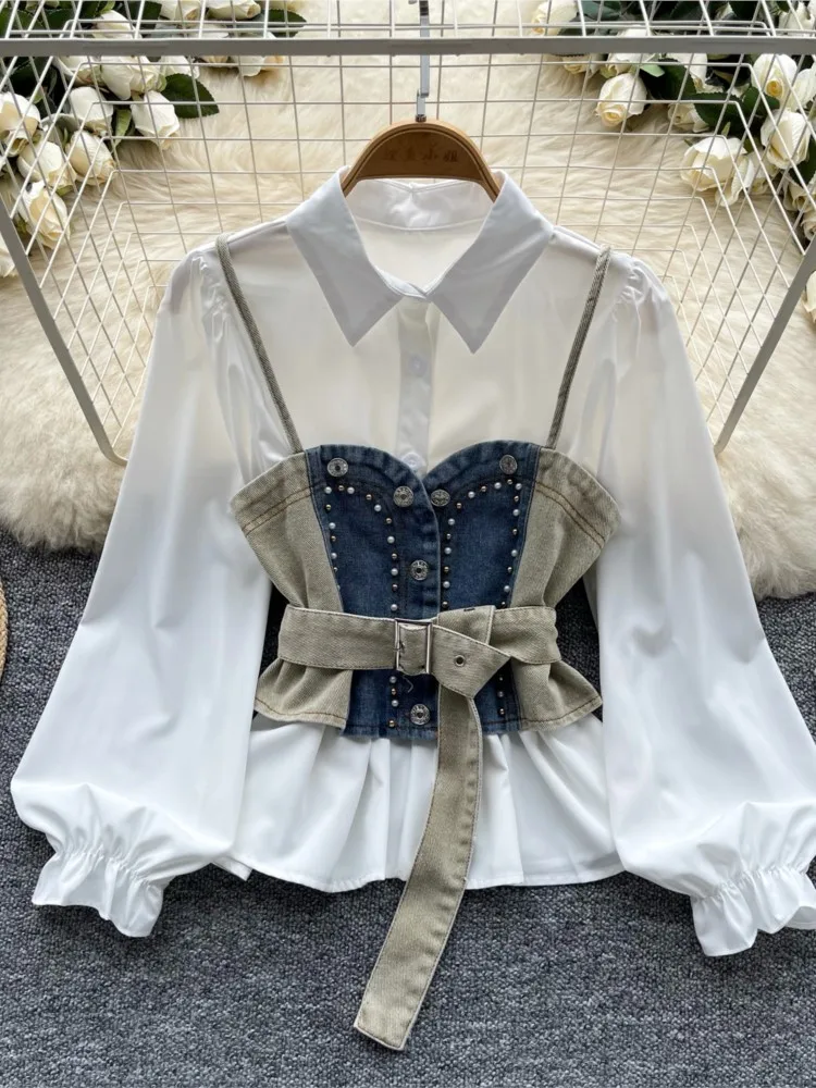 Vintage Casual Slim Blouses Tops French Lantern Sleeve Shirt+Diamond-encrusted Denim Belted Waistcoat Female Clothes Autumn New