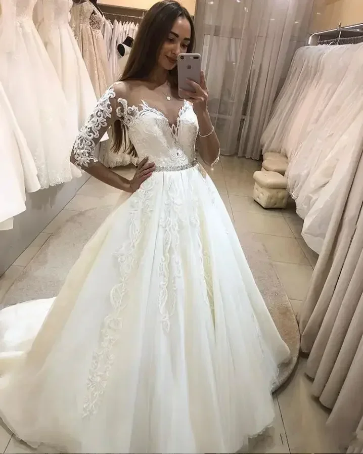 Maßgeschneiderte Brautkleider mit halben Ärmeln, Spitze, Übergröße, Perlenbesatz, Schärpe, Applikationen, lange Brautkleider, maßgefertigte Roben De Marriage