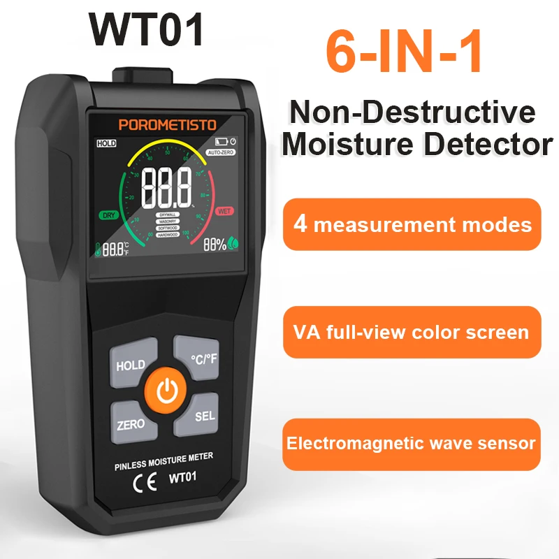 WT01 Non-Destructive Wood Moisture Meter 6-in-1 Handheld VA Digital Moisture Detector Electromagnetic Wood Humidity/Temp Tester