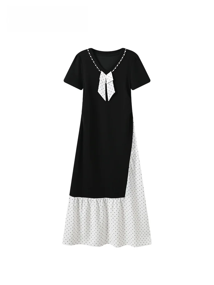 

plus Size Summer Short Sleeve Dress V-Neck Splice A-Line Skirt for Women High Waist Polyester Fiber City Walk Pearl Embellished