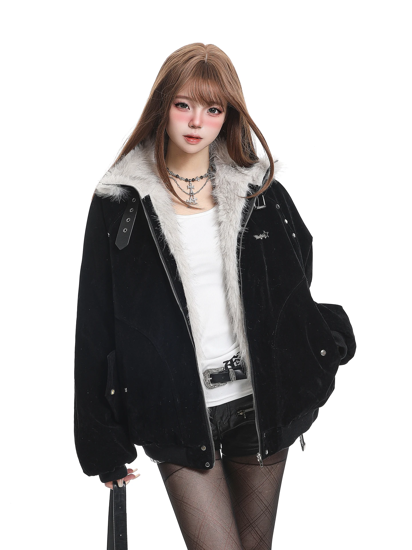 Retro American Barn Style Women's Winter Thickened Warm Fleece Lined Stand Collar Cotton Jacket Coat Female Commute Fashion