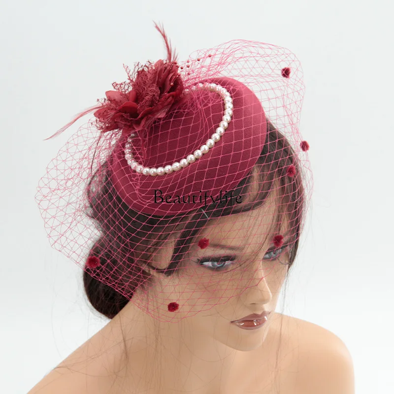 

European and American bride mesh feather head flower hair accessories hairpin retro top hat woman