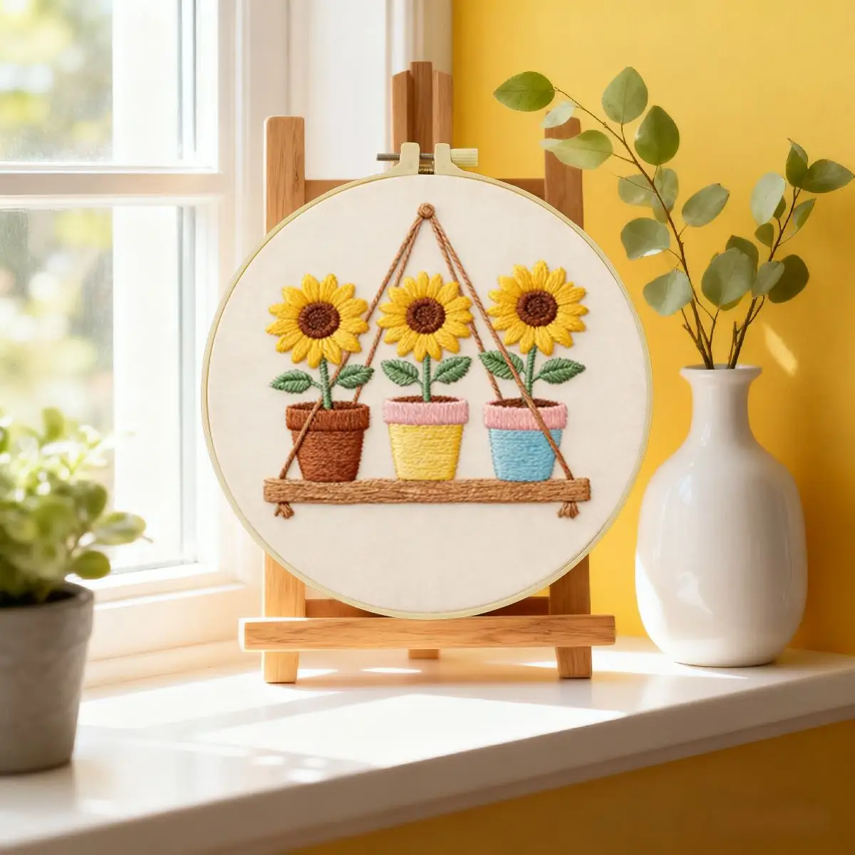 1 Stück 20X20CM/15X15CM 7,87/6,3 Zoll Sonnenblumentopf Stickerei Starter-Kit DIY-Kit DIY-Stickerei-Set für Anfänger – Detail 2