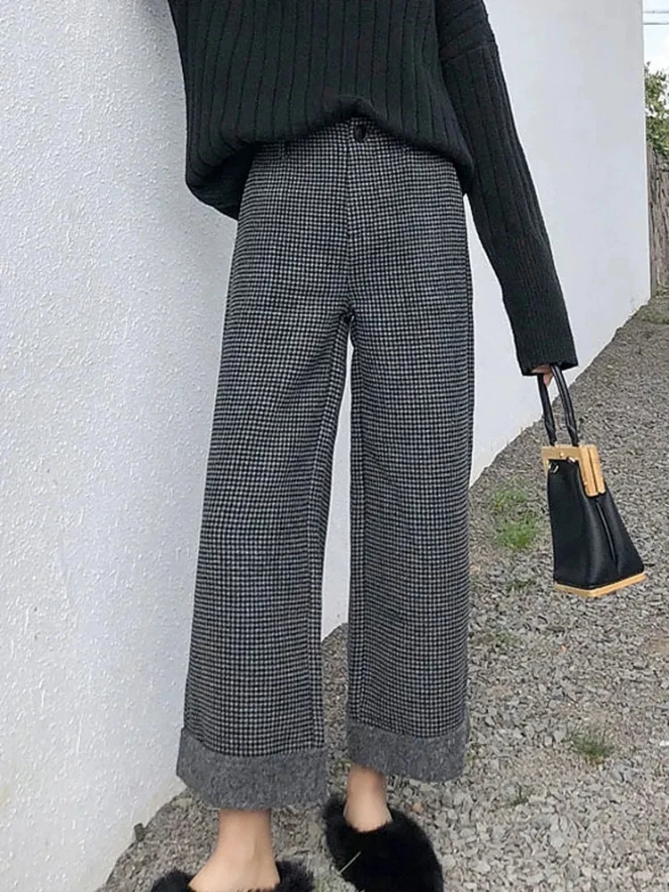 Vintage Plaid Wide Leg Pants Women Autumn Winter High Waist Loose Casual Trouser Korean All Match Simple Office Lady Retro Pants
