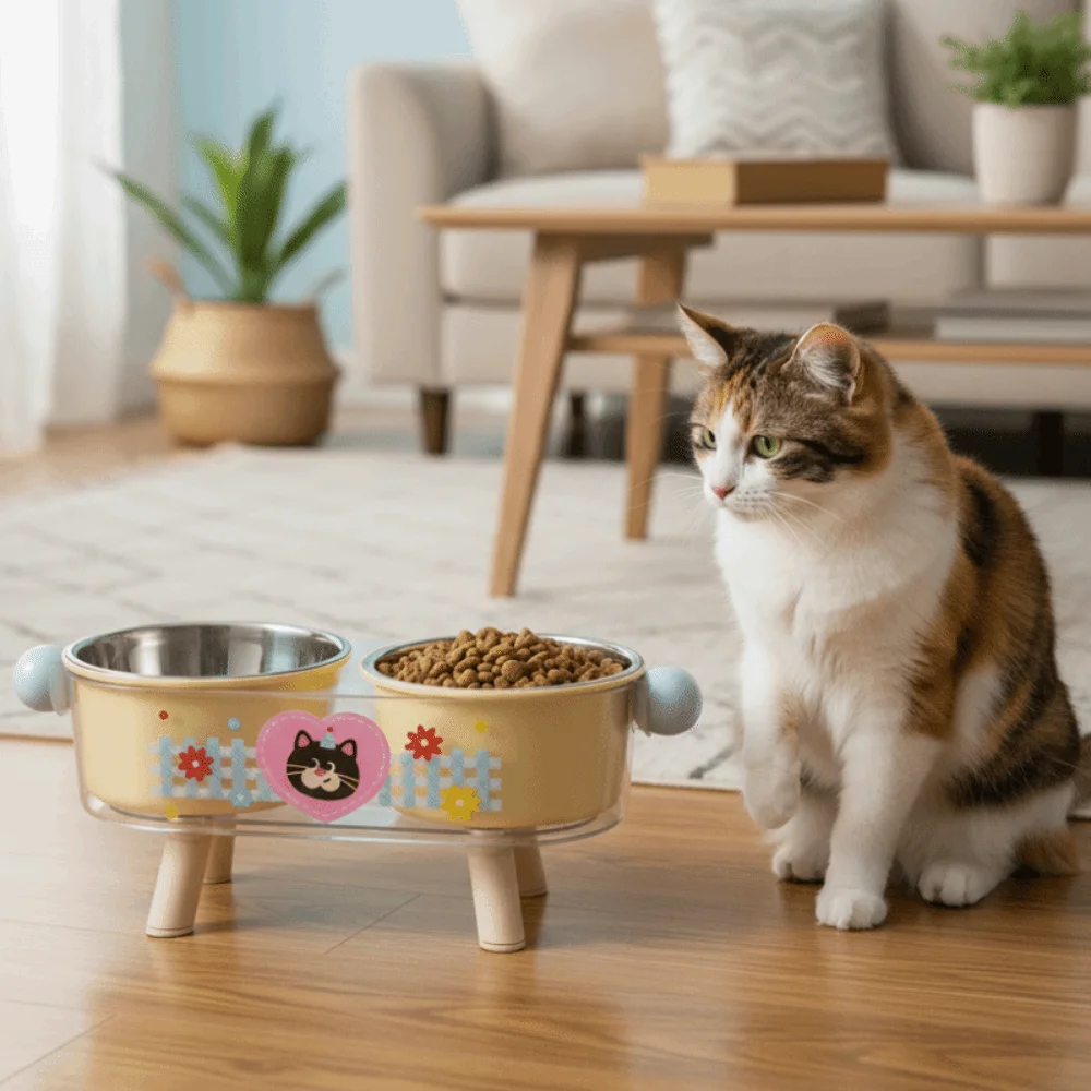 

Миска для кошек и собак из нержавеющей стали на высокой подставке, двойная, нескользящая, с поддержкой для шеи, милая, на высоких ножках