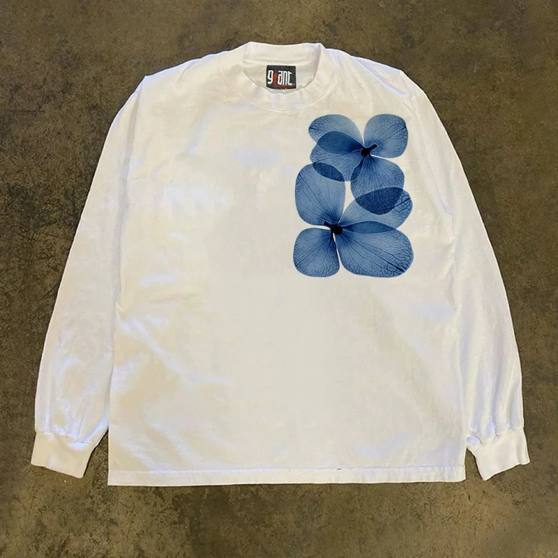 

Original Heavyweight 260g Pure Cotton Long Sve T-irt Glitter Flower Hong Kong Sle ex Couple Cotton Tee