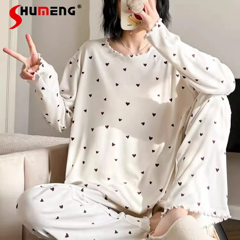 

Heart Print Pajamas Set for Women Spring Autumn Long Sleeve High End Ruffled Loungewear Female Wearable Sweet Homewear Suit