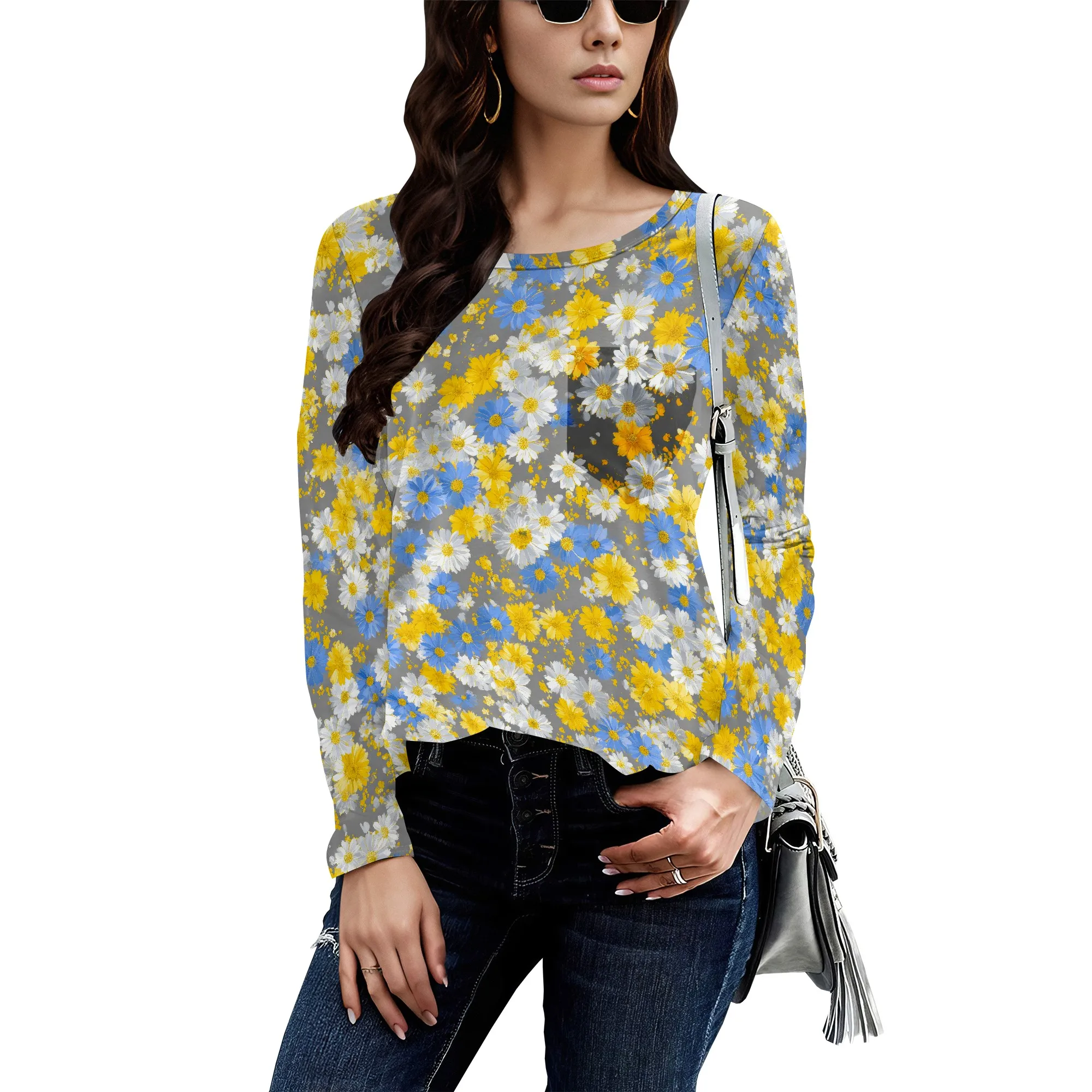 

Womens Tops 2025 Long Sleeve Shirts for Fall Round Neck Blouses Floral Tunic Tops