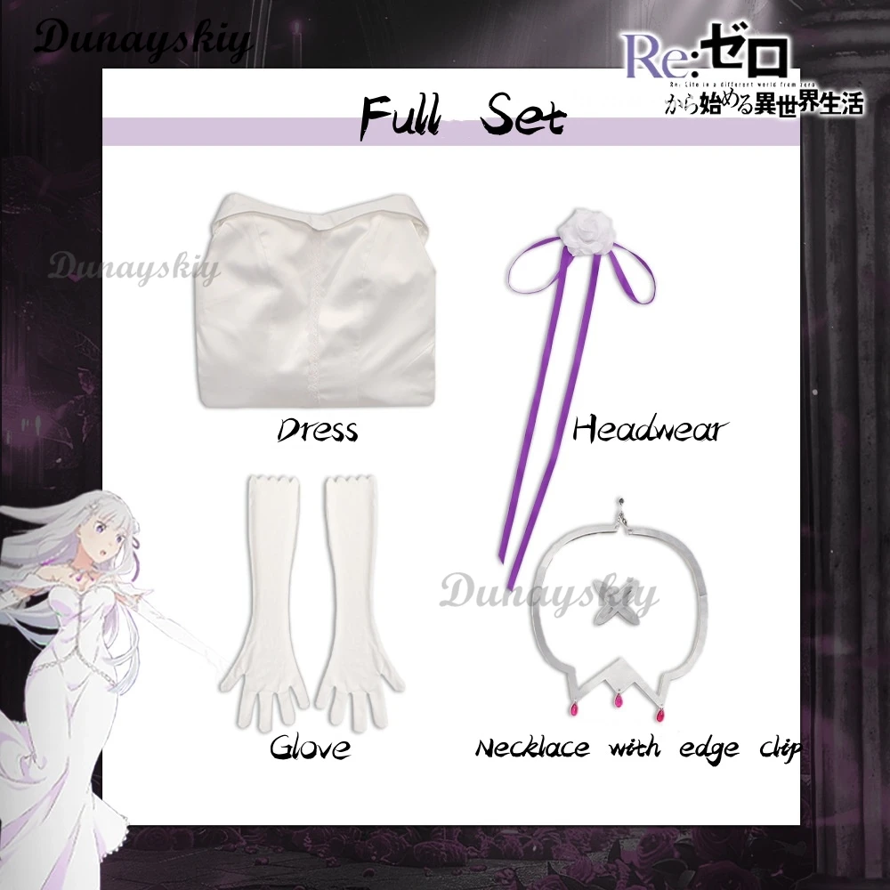 إعادة: صفر إميليا تأثيري مجموعة كاملة أنيمي دقيقة فستان أبيض قفازات قلادة المرأة تحجيم مخصص هالوين/لعب الأدوار/المناسبة