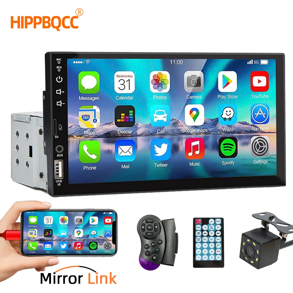 HIPPBQCC 7 Inch Car Radio 1 Din MP5 Multimedia Player Touch Screen FM ISO Power Aux Input Bluetooth USB Mirror Link Universal