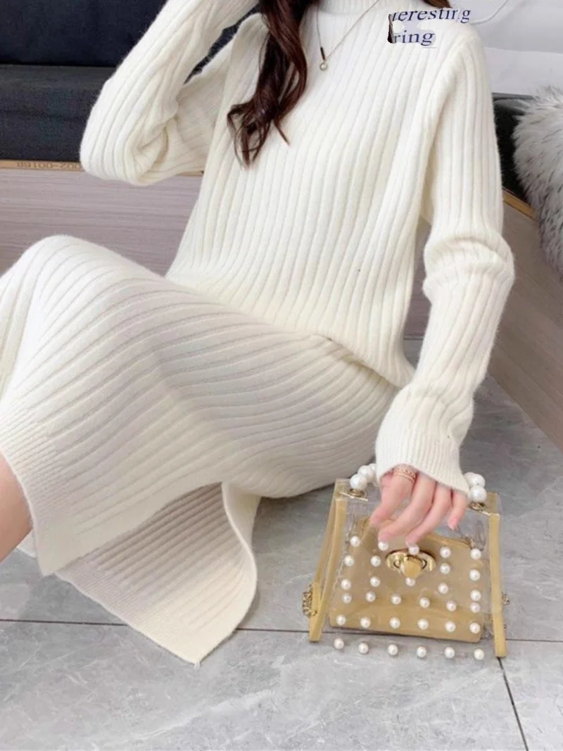 Jesienno-zimowa nowa sukienka z grubego dzianiny dla kobiet Luźna średnia do długa sukienka z półwysokim kołnierzem W311