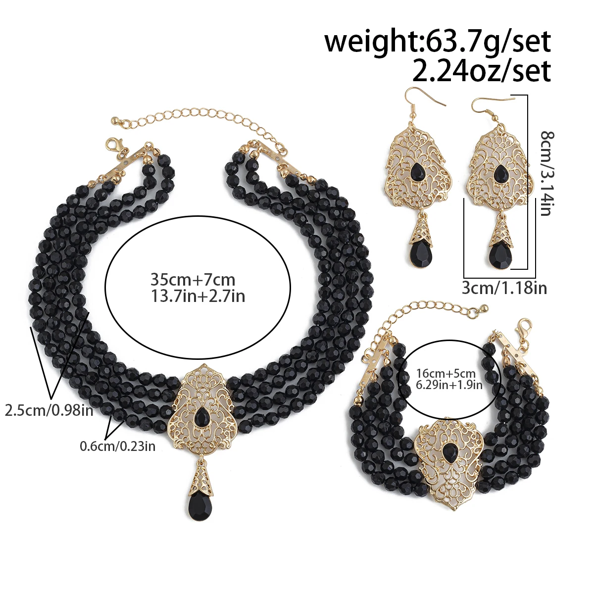 Salircon 3Pcs/Set Multilayer Crystal Beads Chain Choker Necklace Bracelet Earrings Set for Women Elegant Party Wedding Jewelry