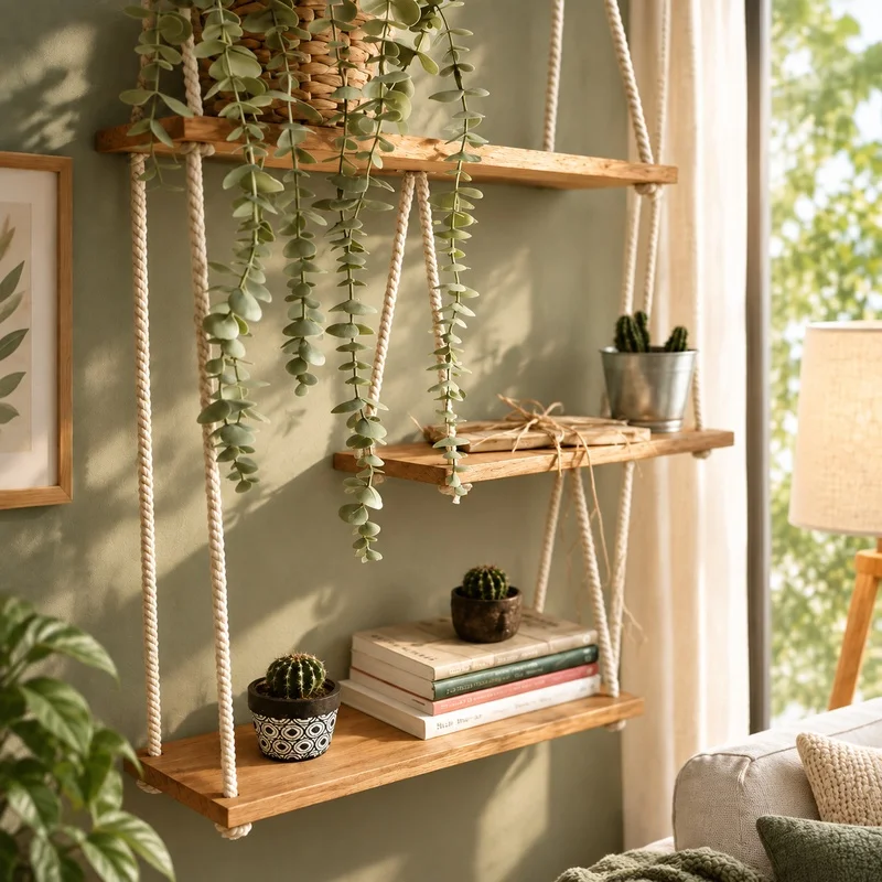 Three-Tier Macrame Hanging Shelves with Adjustable Height for Indoor Plants and Decorative Display