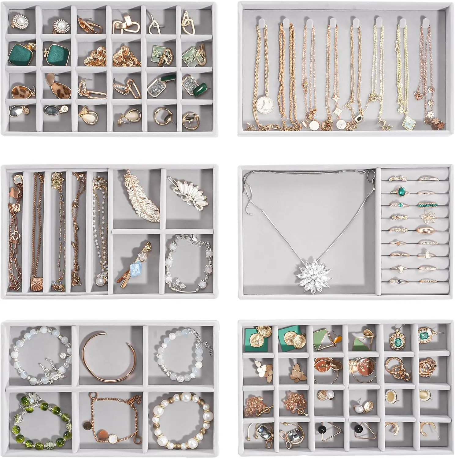 

6-слойный штабелируемый органайзер для украшений с выдвижными разделителями, серый ящик для хранения серег, ожерелий и колец