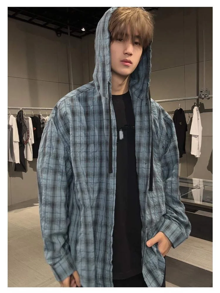 

Lightweight Summer Plaid irt Men's Outdoor Sun Protection Coat Stand Fit Long Sve Button up Hoodie Casual Faion