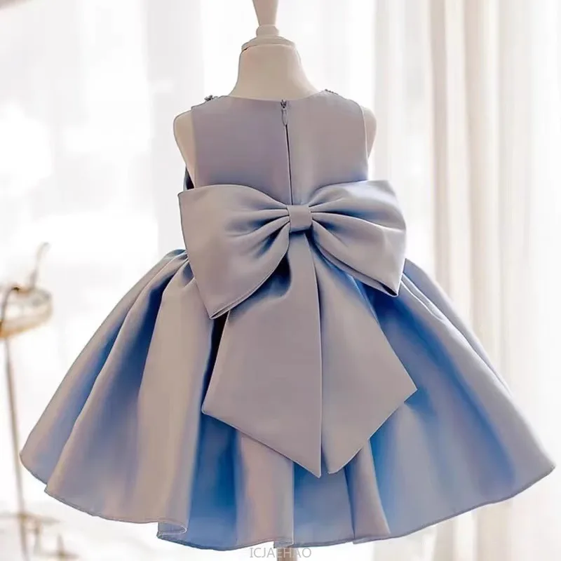 

Party Dress Clothes 2025Costums Children Birthday Host Piano Recital Outfits Blue Girls Sleeveless Satin Princess Dresses