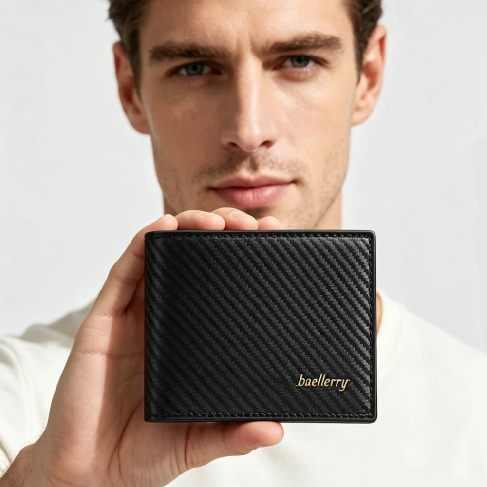 1Pc - Classic Lightweight Men's Short Wallet, Carbon Fiber Pattern Pu Leather Wallet, 7 Card Slots + Zippered Coin Pocket + Transparent Id Window, Practical Gift for Boyfriend or Husband